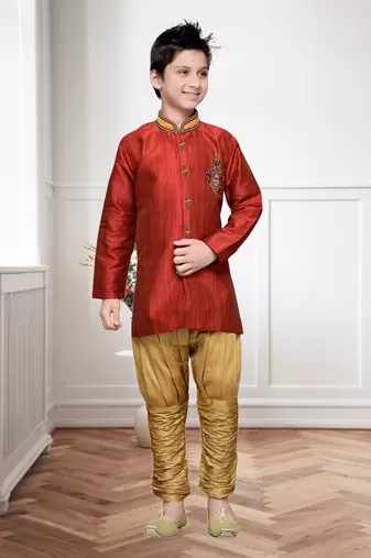 Maroon Art Silk Kids Kurta Pyjama For Boys