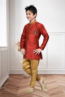 Maroon Art Silk Kids Kurta Pyjama For Boys 3