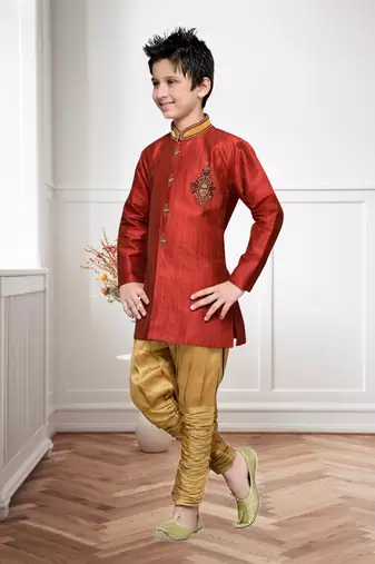 Maroon Art Silk Kids Kurta Pyjama For Boys