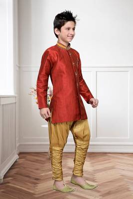 Maroon Art Silk Kids Kurta Pyjama For Boys 1