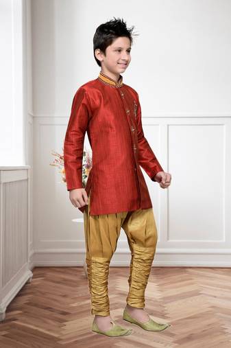 Maroon Art Silk Kids Kurta Pyjama For Boys