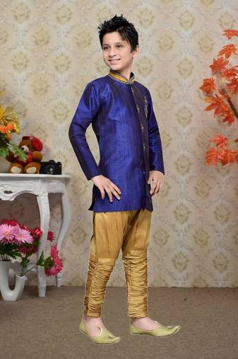 Royal Blue Art Silk Kids Kurta Pyjama For Boys