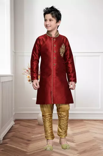 Maroon Art Silk Kids Kurta Pyjama For Boys