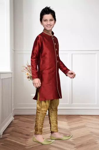 Maroon Art Silk Kids Kurta Pyjama For Boys
