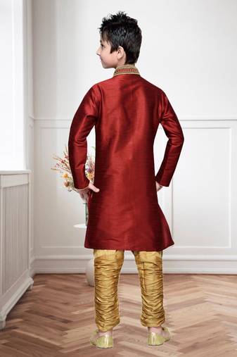 Maroon Art Silk Kids Kurta Pyjama For Boys