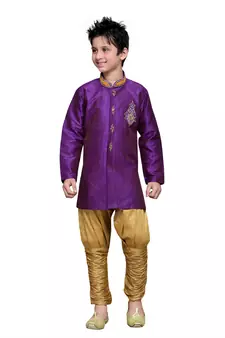 Purple Art Silk Kids Kurta Pyjama For Boys