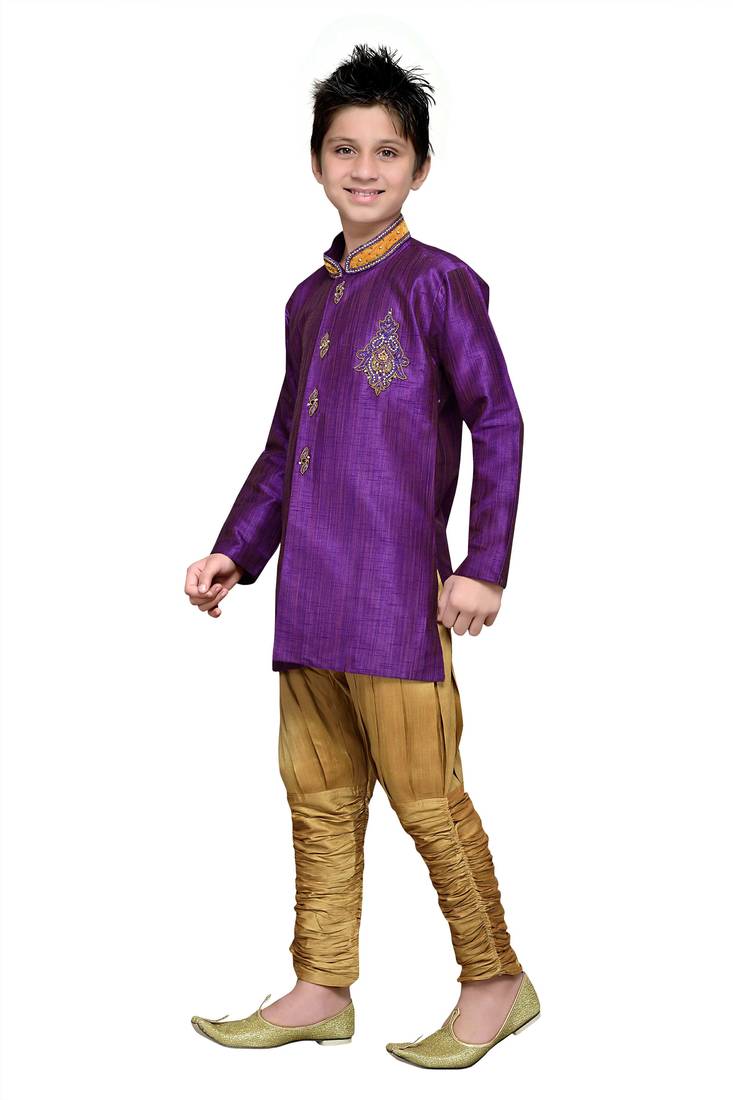 Purple Art Silk Kids Kurta Pyjama For Boys