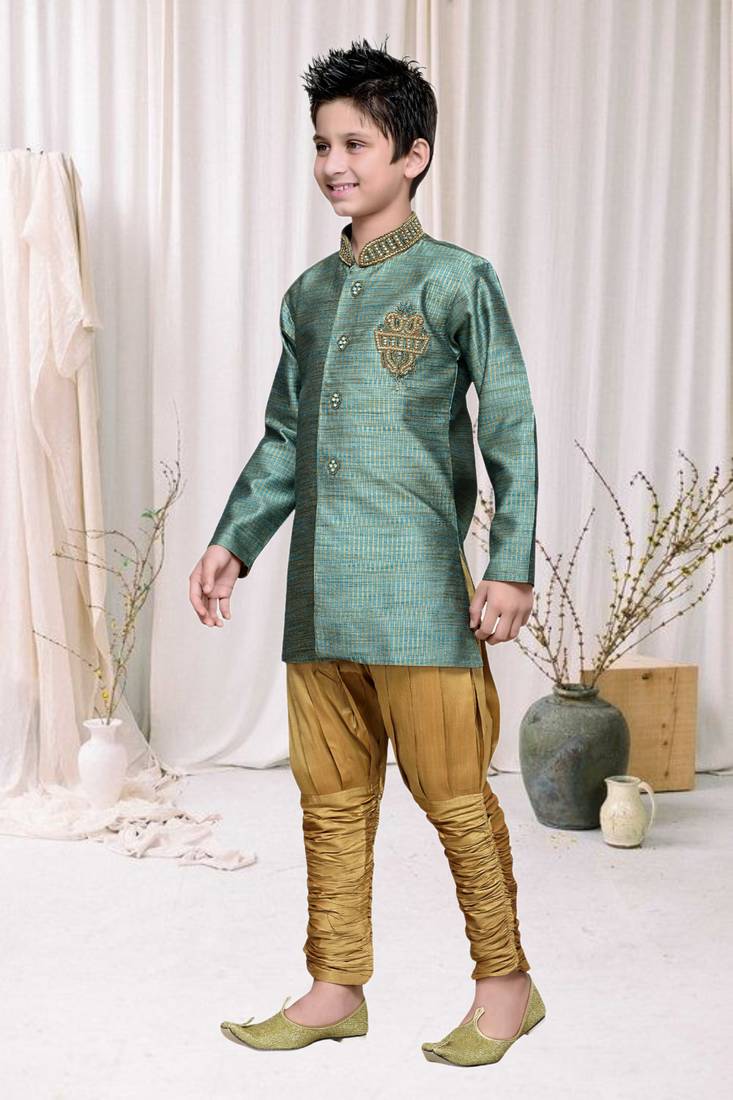 Rama Green Art Silk Kids Kurta Pyjama For Boys