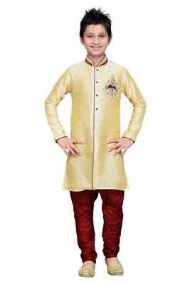 Gold Art Silk Kids Kurta Pyjama For Boys 1
