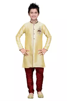 Gold Art Silk Kids Kurta Pyjama For Boys