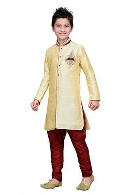 Gold Art Silk Kids Kurta Pyjama For Boys 3