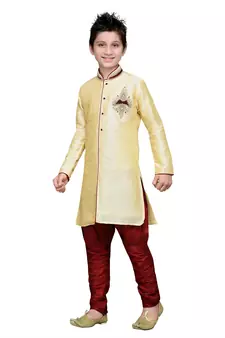 Gold Art Silk Kids Kurta Pyjama For Boys