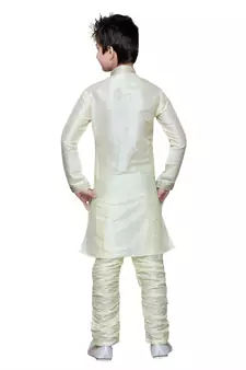 Cream Art Silk Kids Kurta Pyjama For Boys