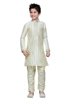 Cream Art Silk Kids Kurta Pyjama For Boys 3