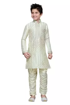 Cream Art Silk Kids Kurta Pyjama For Boys