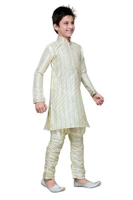 Cream Art Silk Kids Kurta Pyjama For Boys 1