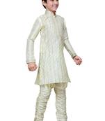 Cream Art Silk Kids Kurta Pyjama For Boys