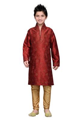Maroon Art Silk Kids Kurta Pyjama For Boys 3