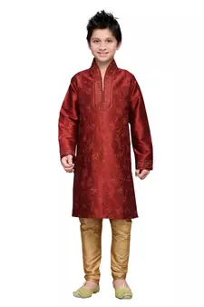 Maroon Art Silk Kids Kurta Pyjama For Boys