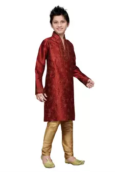 Maroon Art Silk Kids Kurta Pyjama For Boys