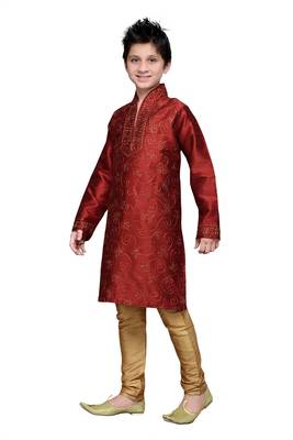 Maroon Art Silk Kids Kurta Pyjama For Boys 1