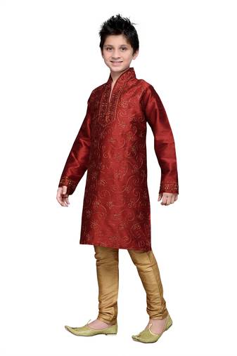 Maroon Art Silk Kids Kurta Pyjama For Boys