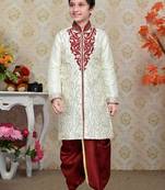 Cream Art Silk Kids Dhoti Kurta For Boys