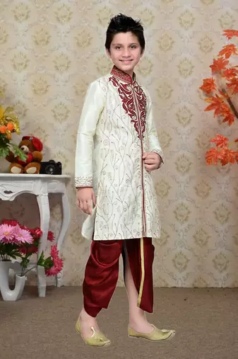 Cream Art Silk Kids Dhoti Kurta For Boys
