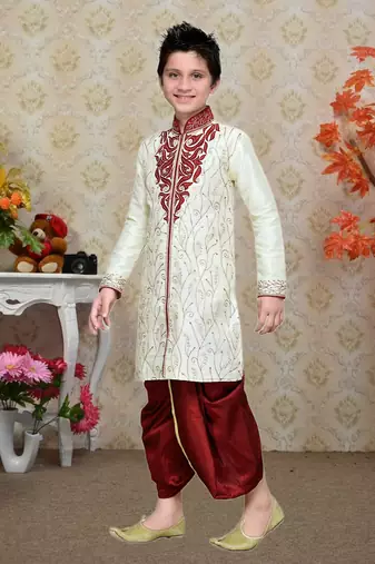 Cream Art Silk Kids Dhoti Kurta For Boys