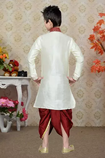 Cream Art Silk Kids Dhoti Kurta For Boys