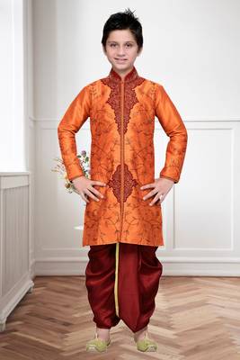 Orange Art Silk Kids Kurta Pyjama For Boys 1