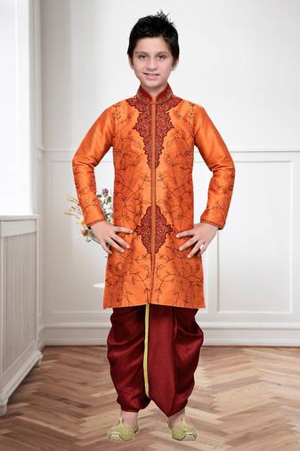 Orange Art Silk Kids Kurta Pyjama For Boys