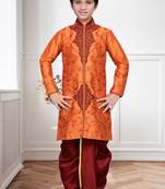 Orange Art Silk Kids Kurta Pyjama For Boys