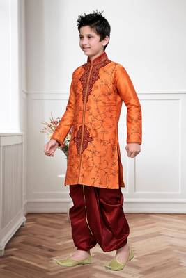 Orange Art Silk Kids Kurta Pyjama For Boys 2