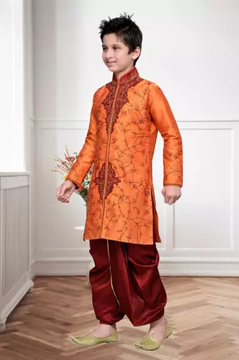 Orange Art Silk Kids Kurta Pyjama For Boys