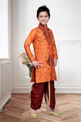 Orange Art Silk Kids Kurta Pyjama For Boys 3