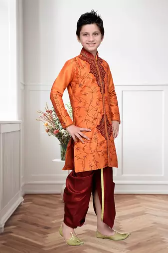 Orange Art Silk Kids Kurta Pyjama For Boys