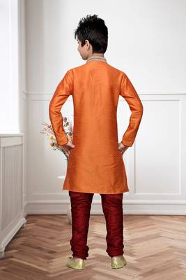 Orange Art Silk Kids Kurta Pyjama For Boys 4