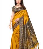 Yellow printed semi tussar silk saree with blouse