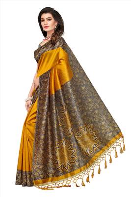 Yellow printed semi tussar silk saree with blouse 2