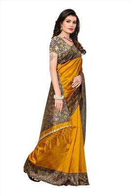 Yellow printed semi tussar silk saree with blouse 3
