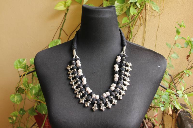 Multi layer thread wrapped beads necklace