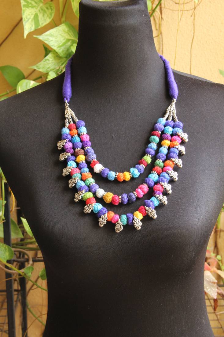 Multi layer thread wrapped beads necklace