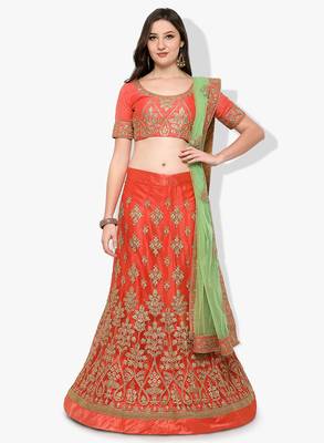 Orange Embroidered Net Unstitched Lehenga With Dupatta 1