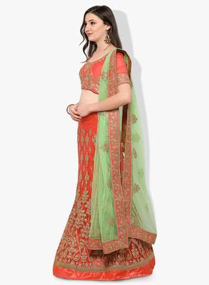 Orange Embroidered Net Unstitched Lehenga With Dupatta 2