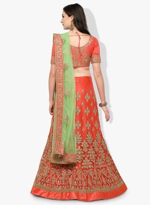 Orange Embroidered Net Unstitched Lehenga With Dupatta 3