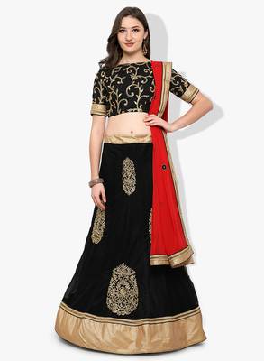 Black Embroidered Net Unstitched Lehenga With Dupatta 1