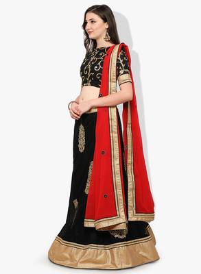 Black Embroidered Net Unstitched Lehenga With Dupatta 2