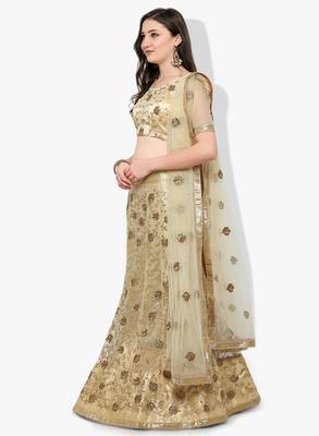 Beige Embroidered Net Unstitched Lehenga With Dupatta 1
