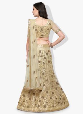Beige Embroidered Net Unstitched Lehenga With Dupatta 2